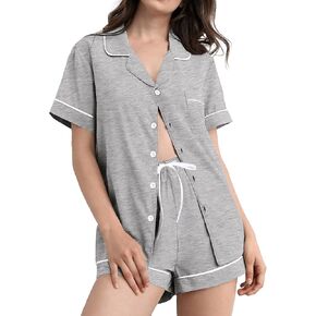 SWOMOG Pajamas for Women Soft Pjs Set Modal Pajama Set Short Sleeve Button Up Pajama Top Pj Shorts Sleepwear