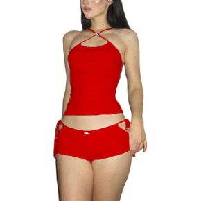 Yuemengxuan Y2k Sexy Outfits Set Women two piece Lounge Sets Sleeveless Hollow out Cami Crop Top Shorts Pajamas Set