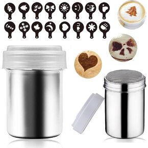 Powder Coffee Shaker Sets with Lid & Mesh,Stainless Steel Shaker and 16 Pieces Coffee Stencils Latte Art,for Cappuccino Cinnamon Cake Bread,Small