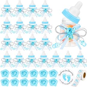 61 Pcs Baby Shower Bottles Bulk Mini Elephant Plastic Milk Bottle Baby Shower Candy Favor Feeding Baby Bottles with Artificial Roses Sticker Gifts for Newborn Baptism Party Decor(Blue)
