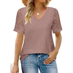 Womens Summer Tops Trendy White Lace Short Sleeve T Shirts Casual Loose Textured Tunic Blouses Fashion Clothes 2024
