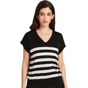 Women's Authentic Silk Blend Cashmere V-Neck Stripe T-Shirt Loose Drop Shoulder Casual Summer Tee