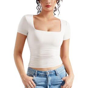 MOOSLOVER Women Square V Neck Basic Tops Short Sleeve Fitted T Shirts Double Lined Going Out Crop Tops