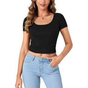 Women's Summer Scoop Neck T-Shirt Slim Fitted Basic Short Sleeve Crop Top Tee