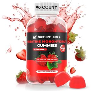 Creatine Monohydrate Gummies - Boost Strength & Focus, 3g serving, Sugar-free, 90 Count, Natural Strawberry flavored Creatine Gummies for Men & Women, Vegan, Gluten Free, Non Bloating, Halal