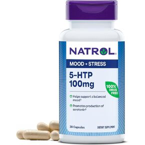 Natrol Mood + Stress 5-HTP 100 mg, Dietary Supplement for a Balanced Mood, Capsules for Adults, 30 Capsules, Up to a 30 Day Supply