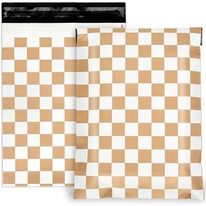 100Pcs 10 x 13in Checkered Poly Mailers Brown White Plaid Packing Bags with Self-Sealing Gift Wrap Envelopes for Small Business Boutique Clothing