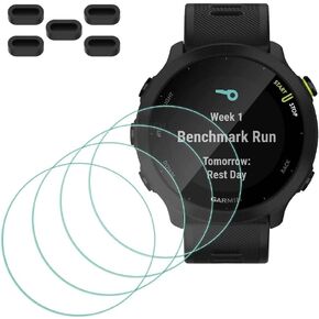 MTHGH Screen Protector for Garmin Forerunner 55 Smartwatch [4 Pcs] + Anti-dust Plugs 5Pcs, Tempered Glass 9H Hardness Anti-Scratch Sensitive Touch Bubble Free Film Ultra-Thin Protective Cover