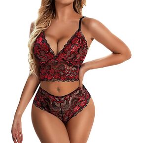 Donnalla Women Sexy Lingerie Set Floral Lace High Waist Bra and Panty 2 Piece Pajamas(Wine Red Small)