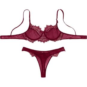 WDIRARA Women's Lace Mesh Bow Underwire Lingerie Set Bralettes and Panty