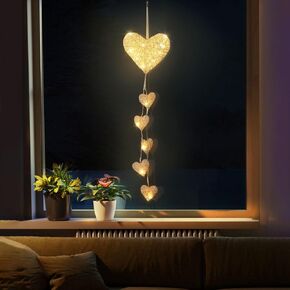Lewondr Hanging Light, Rattan Heart Shape Fairy Lights Indoor Decorative Lights Window Light Battery Operated Lights for Children's Room Bedroom Party Decoration with Timer Function, White