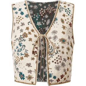 GORGLITTER Women's Crochet Embroidered Vest Boho Floral Tie Front Vintage Sleeveless Crop Cardigan