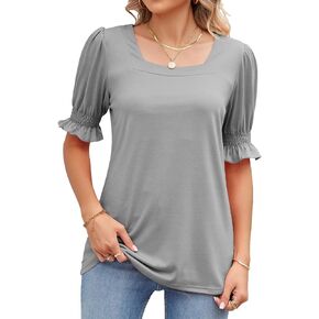 Women's Short Sleeve T Shirts Square Neck Casual Tops Ruffle Trim Sleeve Tee Blouse
