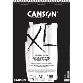 Canson XL Black Drawing 150gsm A3 Paper, Double Sided: Grained & Smooth, Spiral Pad Short Side, 40 Black Sheets, Ideal for Professional Artists & Illustrators