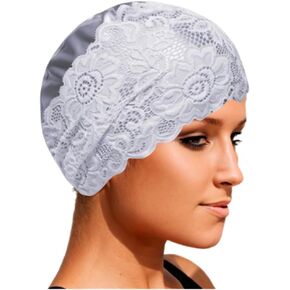 Women Swimming Cap Waterproof Bathing Silicone Turban Cap Swim Hat Keep Girls Hair Dry Anti-Slip Elastic Lace Floral Elegant Swim Wrap