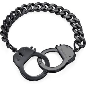 Biker Jewelry Interlocking Handcuff Bracelet for Men with Padlock Curb Chain Black IP Silver Tone Stainless Steel 8,8.5 Inch