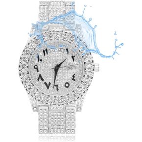 Halukakah Moissanite Gold Watch Diamonds Iced Out, Men's Roman Numerals 18k Real Gold/Platinum White Gold Plated Quartz Wristband 9.5",Basic Waterproof,with Cuban Link Necklace Bracelet Set Options,Free Giftbox