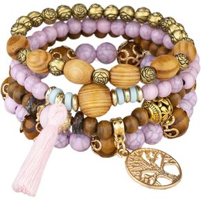 4 Pcs Bohemian Stackable Bracelets for Women Girls Men Set Stretch Multilayer Stack Beads Colorful Beaded Charm Tree of Life Handmade Tassels Jewelry Hippie Bracelets Dainty Best Friend Gift