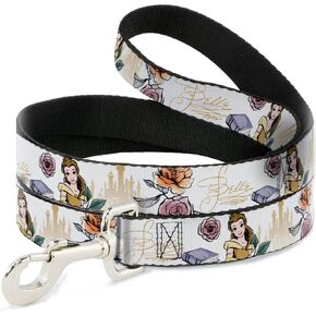 Dog Leash Beauty and The Beast Belle Pose with Script and Flowers White 4 Feet Long 0.5 Inch Wide