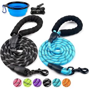 2 حزمة الكلب المقود 5FT سميكة دائم النايلون حبل مريح مبطن مقبض عاكس حبل المقود للكلاب المتوسطة الكبيرة مع وعاء الحيوانات الأليفة للطي وأكياس القمامة (1/3 "× 5 قدم أسود + أزرق) in Kuwait