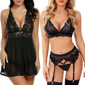 Avidlove Women lace Babydoll Mesh Chemise and Sexy Garter Lingerie Set for Women Exotic Underwear Garter Set