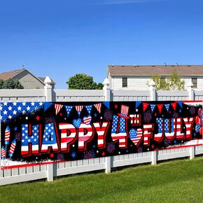 XIFAN Happy 4th of July Banner 98x19.2 Inches, Large Independence Day Hanging Decorations, Fourth of July Classroom Yard Sign Durable Patriotic Theme Backdrop Poster for Indoor Outdoor Fence Wall Decor
