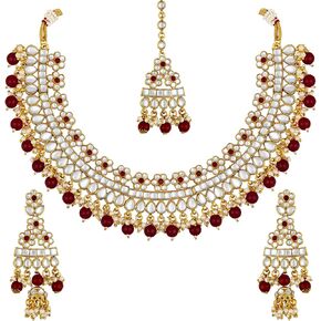 Aheli Bridal Kundan Faux Pearl Choker Necklace with Earrings Maang Tikka for Women Girls Indian Traditional Bollywood Fashion Jewelry Set (Green)