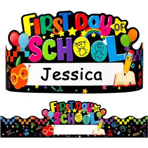 WaaHome Kids First Day of School Paper Crowns Decorations, 24pcs Personalized First Day of Kindergarten Preschool Paper Hats Gifts for Kids Students, Adjustable First Day of School Paper Caps Hats