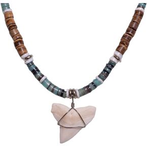 BlueRica Shark Tooth on Tiger Coconut & Green Shell Beads Necklace (18" 4U)