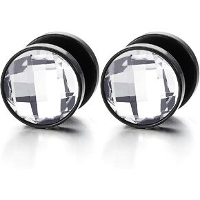 10MM Mens Women Black Circle Stud Earrings with Faceted CZ Steel Cheater Fake Ear Plug Gauges Tunnel