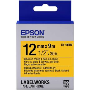 Epson LabelWorks Strong Adhesive LK (Replaces LC) Tape Cartridge 1/2" Black on Yellow (LK-4YBW) - for use with LabelWorks LW-300, LW-400, LW-600P and LW-700 Label Printers