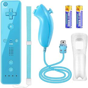 Compatible with Nintendo Wii Controller, Wii Remote with Nunchuck and Nunchuck Controller with Silicone Case and Wrist Strap for Wii and Wii U, Included 2 AA Batteries (Blue)