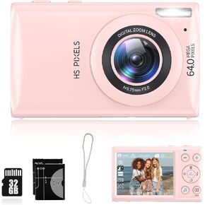 Digital Camera Pink, 4K Vlogging Camera, Vintage Camera, Autofocus 64MP 18X Digital Zoom Compact Point and Shoot Digital Cameras for Boys and Girls, Teens, Beginner, 32GB Included, Pink
