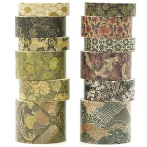 12 Rolls Kyoto Charm Washi Tape Set Japanese Arts Adhesive Tapes Geometric Garden Decorative Masking Tape Sets for Craft, Kids, Scrapbook, DIY, Gift Wrapping (Azure Tranquility)