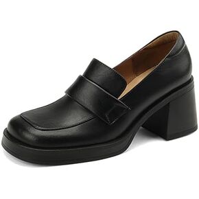 Women's Leather Chunky High Heels Penny Loafers Mid Stacked Heel Square Closed Toe Slip On Dress Uniform Oxfords Vintage Classic Comfortable Work Office Pumps Elegant Party Dress Shoes
