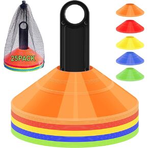 25 Pack Soccer Cones, 5 Colors Pro Disc Cones, PE Material Sports Training Cones with Carry Bag and Holder, Football Agility Cones for Coaching Basketball Drills Field Markers