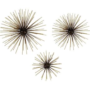 Stratton Home Decor Set of 3 Black Starburst Metal Art Wall Décor, 10 x 3.5 x 10, Antique Gold