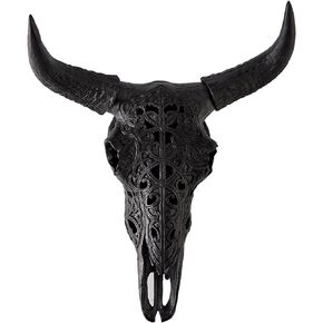 OTARTU Black Tribal Design Carved Steer Skull Wall Hanging Sculpture, 19 Inch Steer Head Bull Wall Décor Art