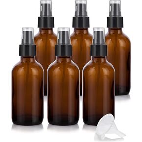 JUVITUS 4 oz Amber Glass Boston Round Bottle with Black Treatment Pump (6 pack) + Funnel