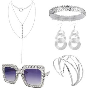 5 PCS 70s Disco Accessories Set for Women Bracelet Earrings Disco Sunglasses Triple-Layered Choker Sequin Headband
