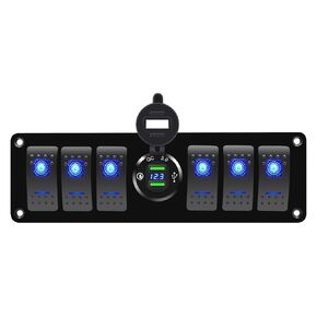 FXC 6 Gang SPST On Off Rocker Switch Aluminum Panel with Voltmeter & Dual QC 3.0 USB Fast Charging, Blue Backlit Led, Pre-Wired IP65 Waterproof for Marine, Boat, Car, Truck, Polaris, Jeep