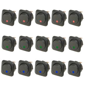 ESUPPORT 25mm Car Boat Round Dot Blue Red Green LED Light Rocker Toggle Switch 12V 25A Dash Board ON Off Pack of 15