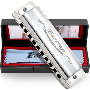 East top Diatonic Blues Harmonica 10 Holes Key of G Professional Diatonic Blues Mouth Organ T008, Silver Harmonica For Adults, Professional Player and Students