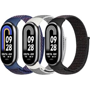 Nylon Sport Band Compatible with Xiaomi Mi Band 8 for Women Men, Soft Adjustable Breathable Braided Solo Loop Watch Strap Replacement Wristband for Xiaomi Mi Band 8, 3pcs