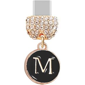 ELISE & FONDA TP63 Type-C USB Charging Port Crystal Anti Dust Plug Tiny letter M Cell Phone Charm for Samsung/Huawei/OnePlus/Xiaomi/oppo New Android Phones(Black)