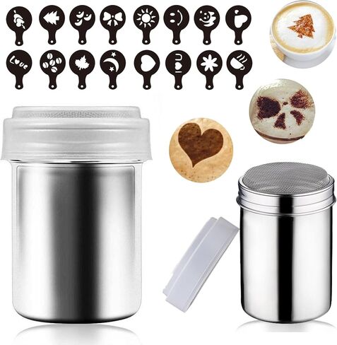 Powder Coffee Shaker Sets with Lid & Mesh,Stainless Steel Shaker and 16 Pieces Coffee Stencils Latte Art,for Cappuccino Cinnamon Cake Bread,Small in Saudi Arabia