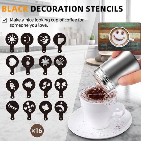 Powder Coffee Shaker Sets with Lid & Mesh,Stainless Steel Shaker and 16 Pieces Coffee Stencils Latte Art,for Cappuccino Cinnamon Cake Bread,Small in Saudi Arabia