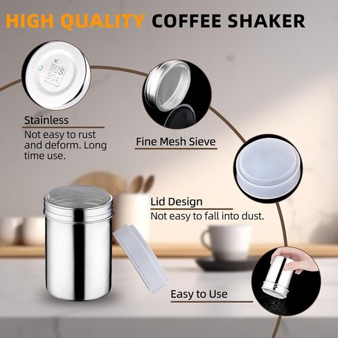 Powder Coffee Shaker Sets with Lid & Mesh,Stainless Steel Shaker and 16 Pieces Coffee Stencils Latte Art,for Cappuccino Cinnamon Cake Bread,Small in Saudi Arabia