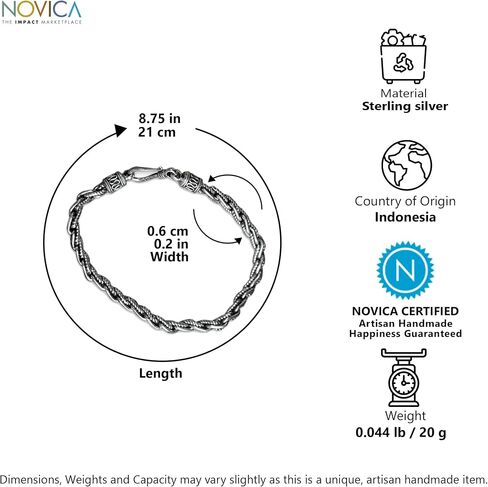 NOVICA Artisan Handmade Men's Sterling Silver Link Bracelet No Stone Chain Indonesia Modern [8.25 in L x 0.2 in W] ' Flowing River' in Saudi Arabia