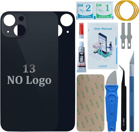 غطاء خلفي زجاجي بديل (بدون شعار) لهاتف iPhone 13 مع أدوات الإصلاح ودليل المستخدم ولاصق الزجاج الخلفي (أسود) in Kuwait